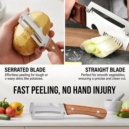 3-in-1 Stainless Steel Vegetable Peeler with Wooden Handle – Julienne Cutter & Bottle Opener