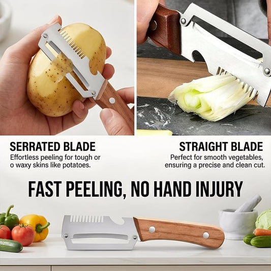 3-in-1 Stainless Steel Vegetable Peeler with Wooden Handle – Julienne Cutter & Bottle Opener