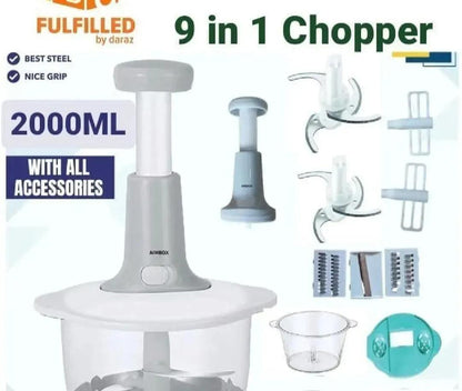 "9-in-1 Vegetable Chopper 2000ML" ya "Manual Push Chopper"