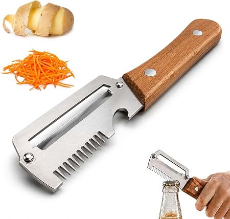 3-in-1 Stainless Steel Vegetable Peeler with Wooden Handle – Julienne Cutter & Bottle Opener