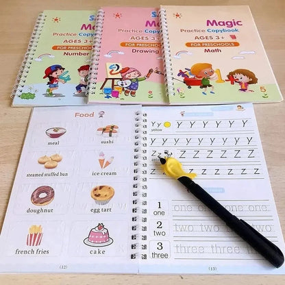 4 in 1 Sank Magic Book | Reusable Magic Practice Copy Book | 4 books + 1 Pen + 10 Refills +1 Grip