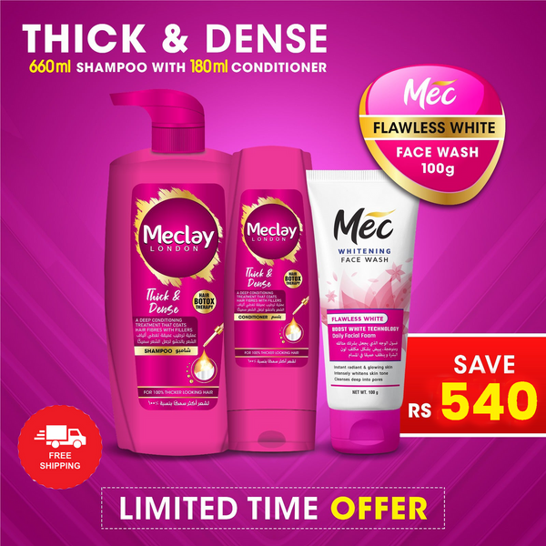 Meclay London (FREE DELIVERY) Meclay London Thick & Dense Shampoo 660ml With Conditioner 180ml + Mec Flawless White Face Wash