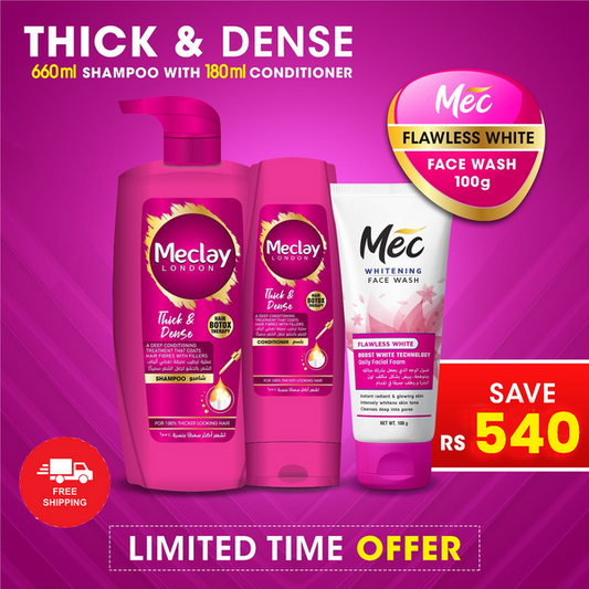 Meclay London (FREE DELIVERY) Meclay London Thick & Dense Shampoo 660ml With Conditioner 180ml + Mec Flawless White Face Wash
