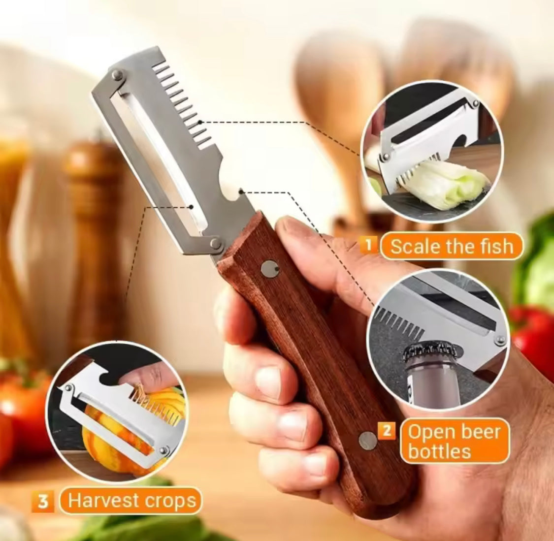 3-in-1 Stainless Steel Vegetable Peeler with Wooden Handle – Julienne Cutter & Bottle Opener
