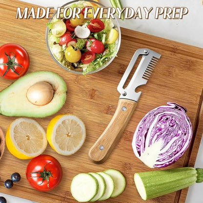 3-in-1 Stainless Steel Vegetable Peeler with Wooden Handle – Julienne Cutter & Bottle Opener