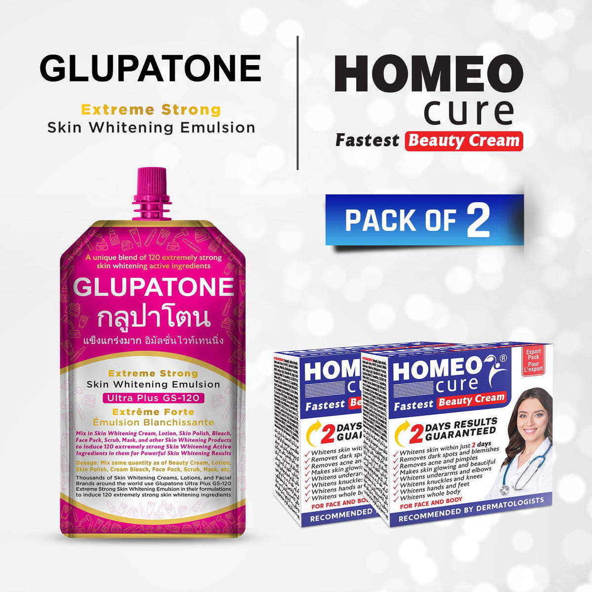 Glupatone Extreme Strong Emulsion 50ml With Homeo Cure Beauty Cream (Pack Of 2)
